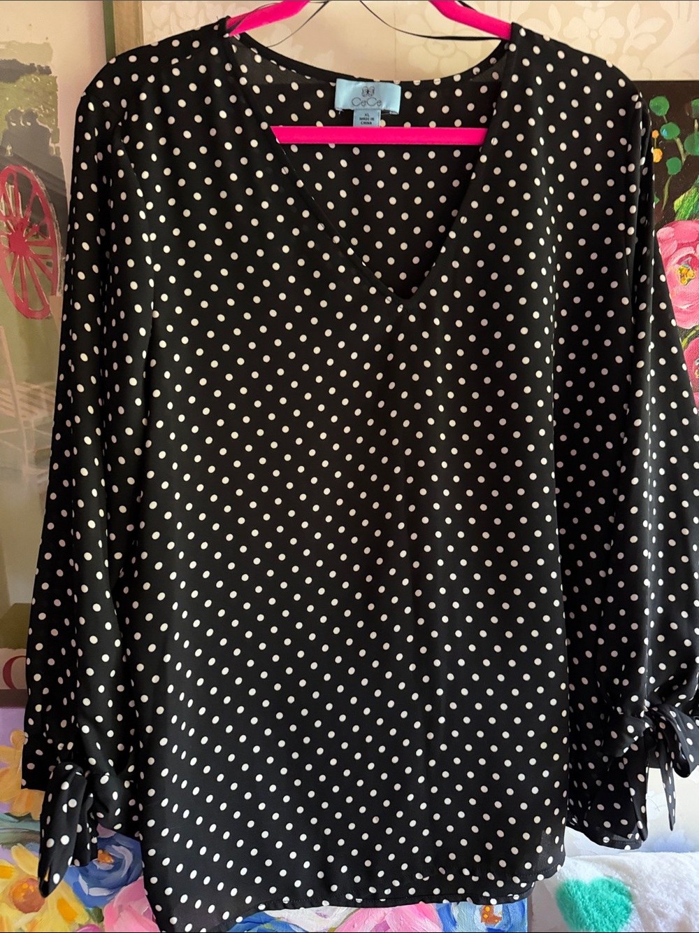 CeCe Black Polka Dot V-Neck Blouse with Sleeve Ties